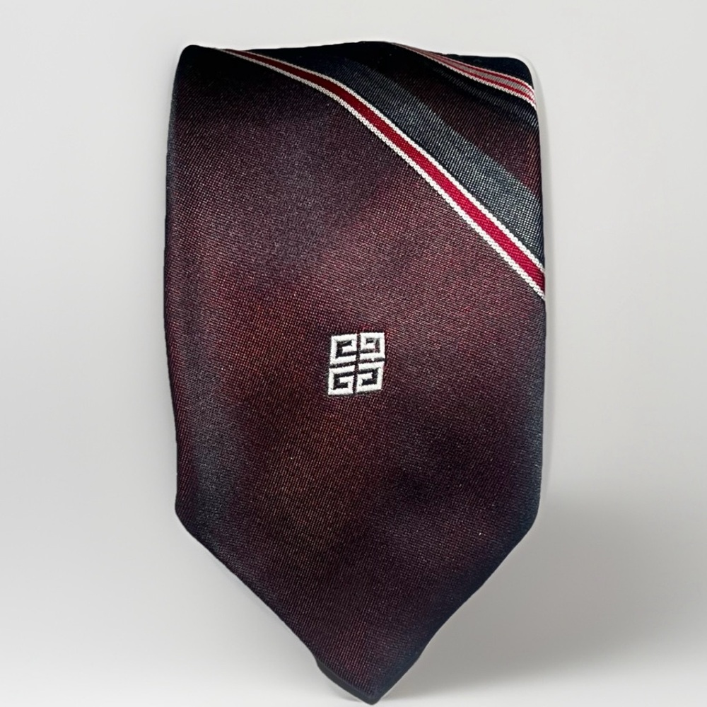 Givenchy Vintage Men’s Designer Tie Burgundy Gray‎ Striped Luxury Retro Necktie